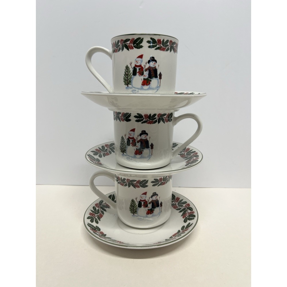 Set Of 3 GEI Snowman Family 6 oz Cup 6" Saucer Set Christmas Holly Berries Snow